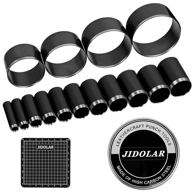 JIDOLAR 15 Pieces Leather Circle Cutter Tool Set, Hole Punch Tools with 5 6 8 10 11 12 16 20 22 25 30 35 40 45 50mm, High Carbon Steel Round Cutting Dies, Hole Punch Tool Kit for DIY Leather Crafts - Image 1
